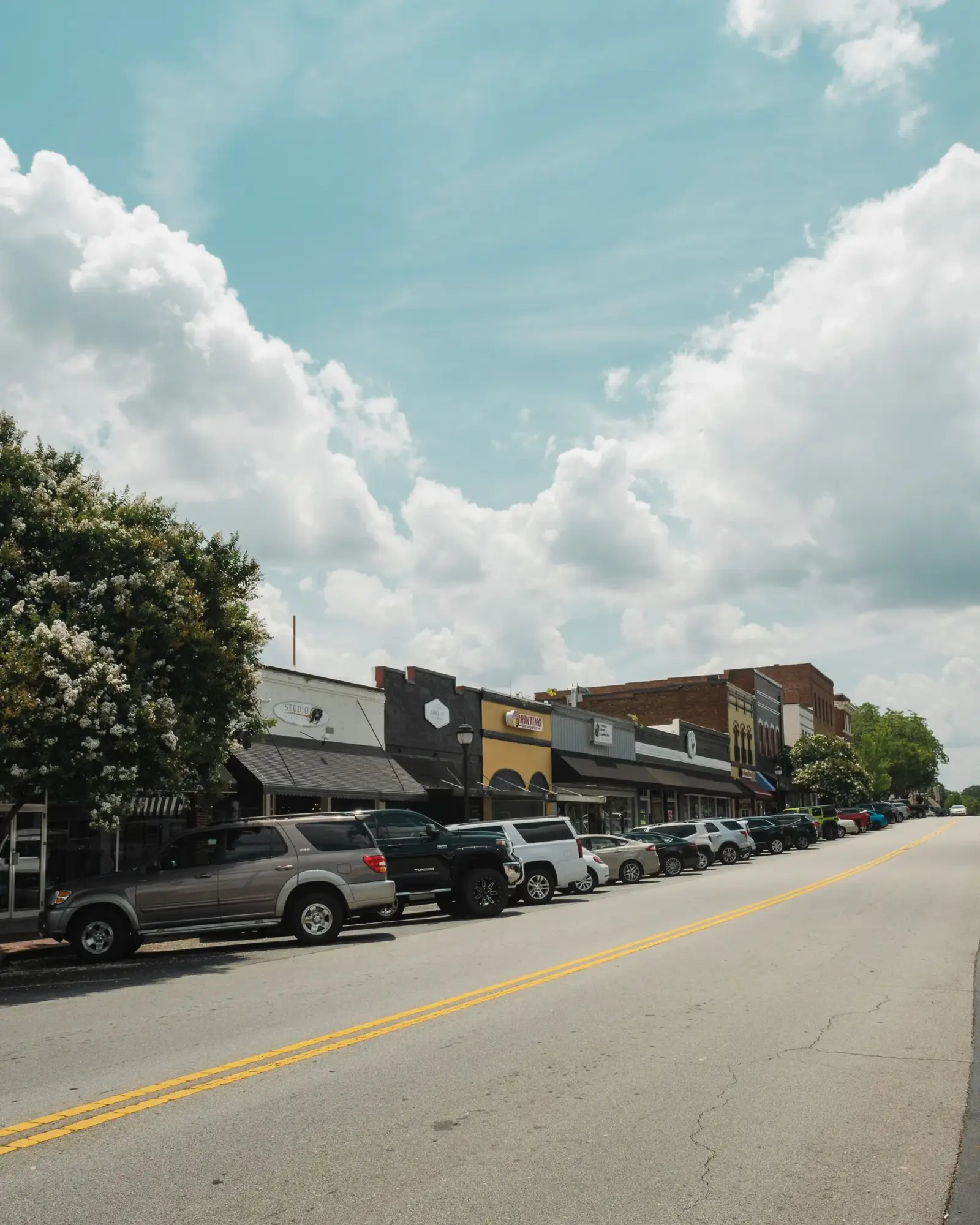 Main street with independent shops in a small town in Georgia