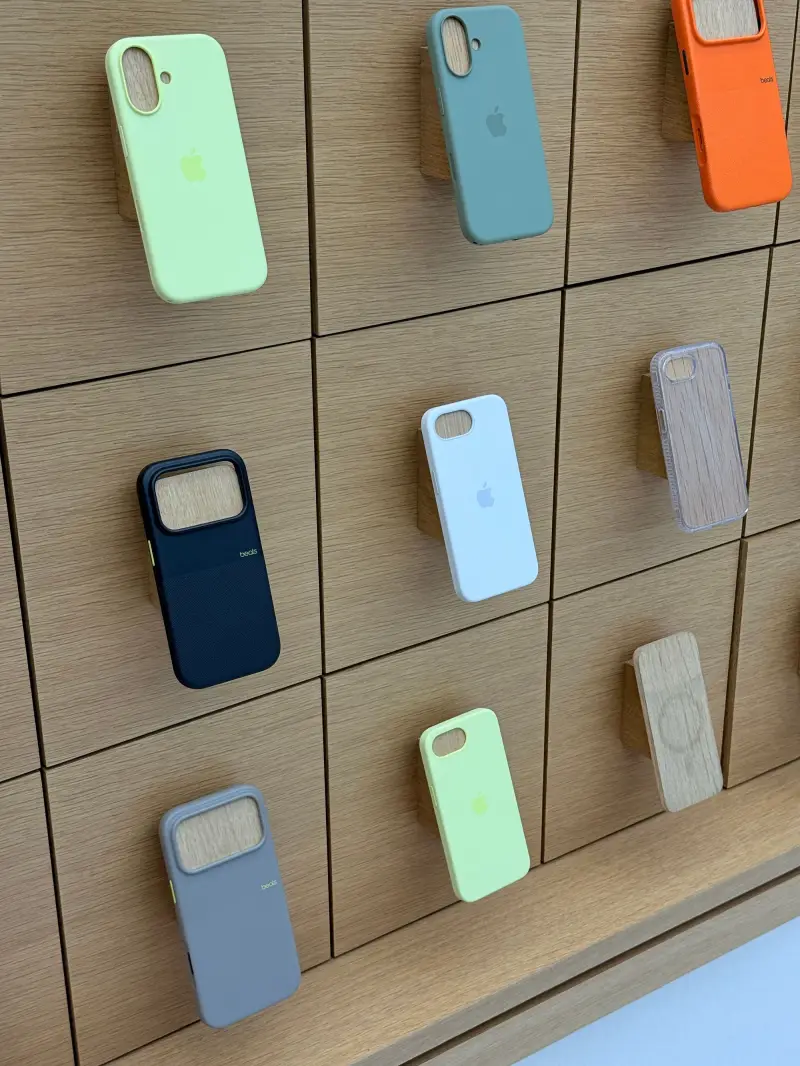 Phone cases displayed on a store wall