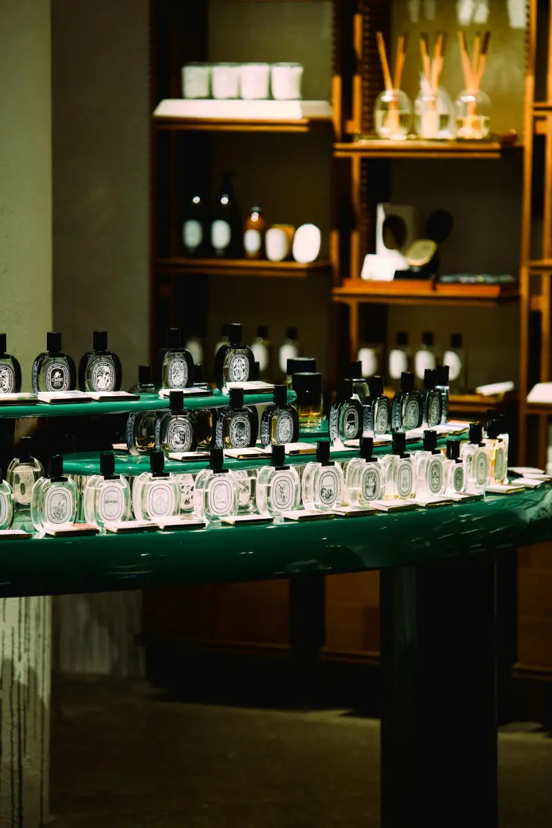 Perfume bottles displayed in a fragrance store