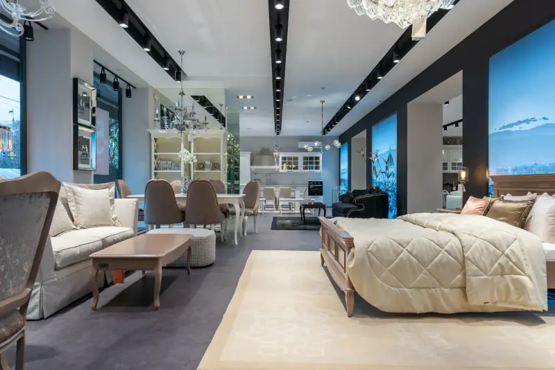 Furniture store showroom with sofas and home decor