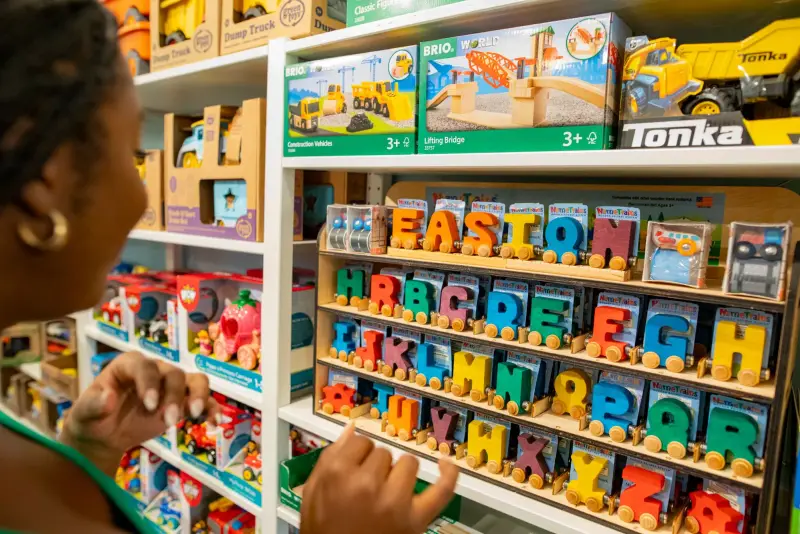 Educational toys on toy store shelves