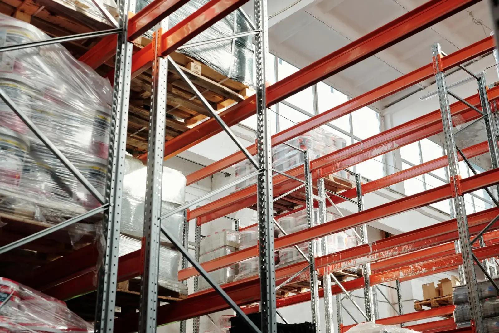 Modern distribution warehouse with stocked pallet racking